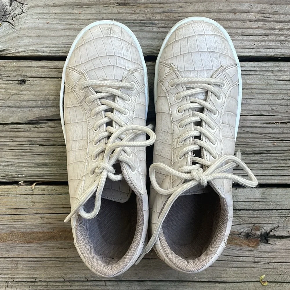 Cream Faux Leather Snakeskin Print Platform Sneakers